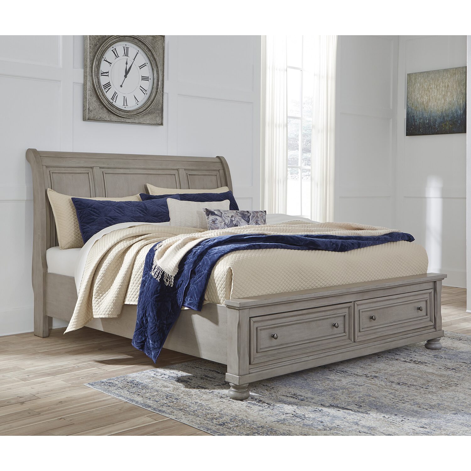 Signature Design by Ashley Lettner Sleigh Bed with 2 Storage Drawers in Light Gray