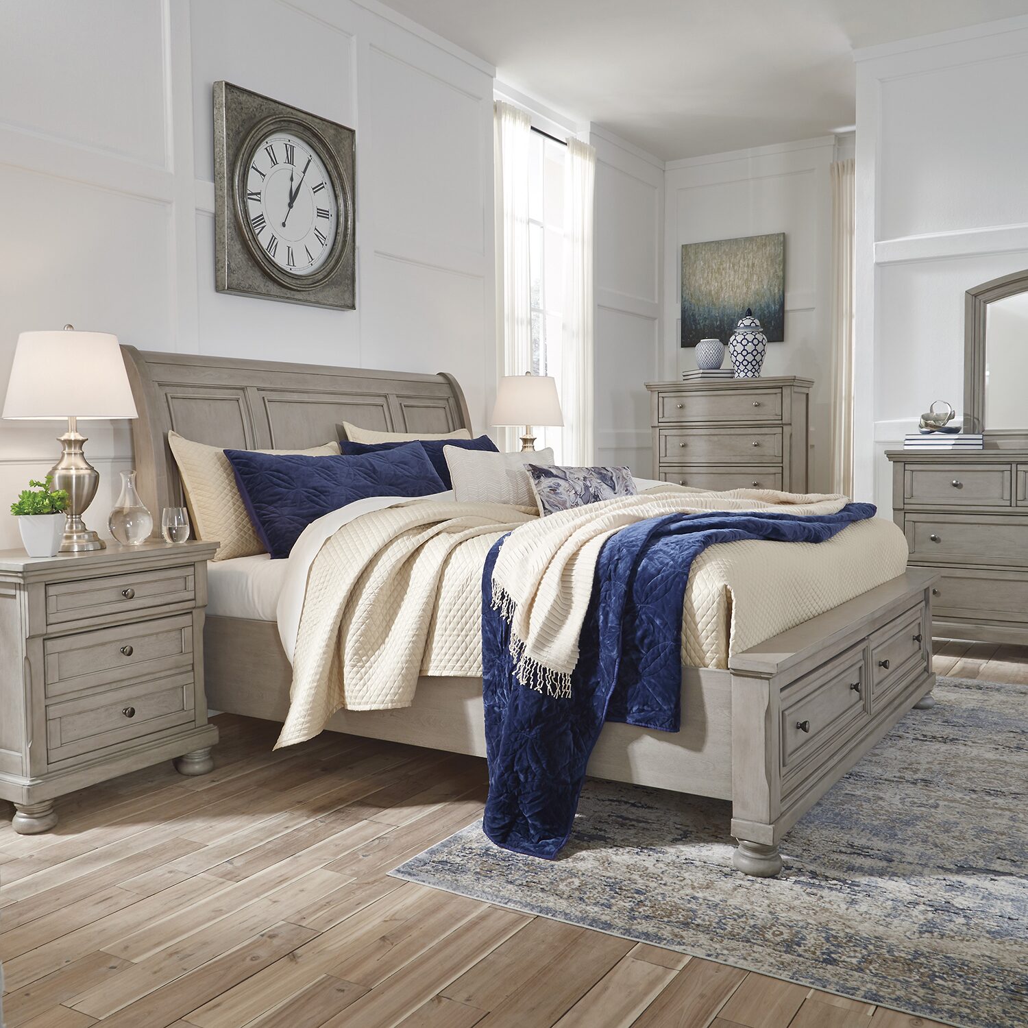 Signature Design by Ashley Lettner Sleigh Bed with 2 Storage Drawers in Light Gray