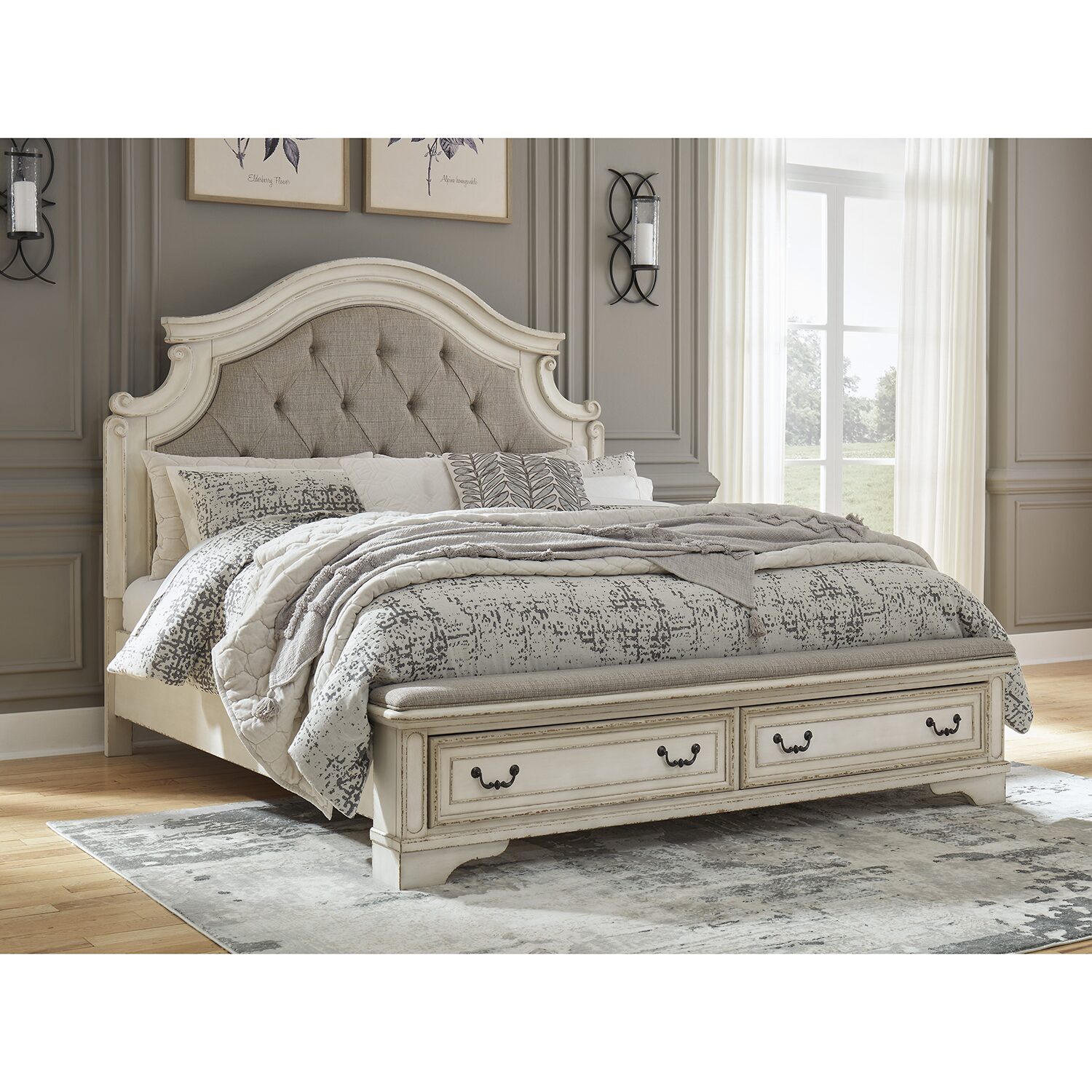 Signature Design by Ashley Realyn Upholstered Panel Bed with 2 Storage Drawers Chipped White