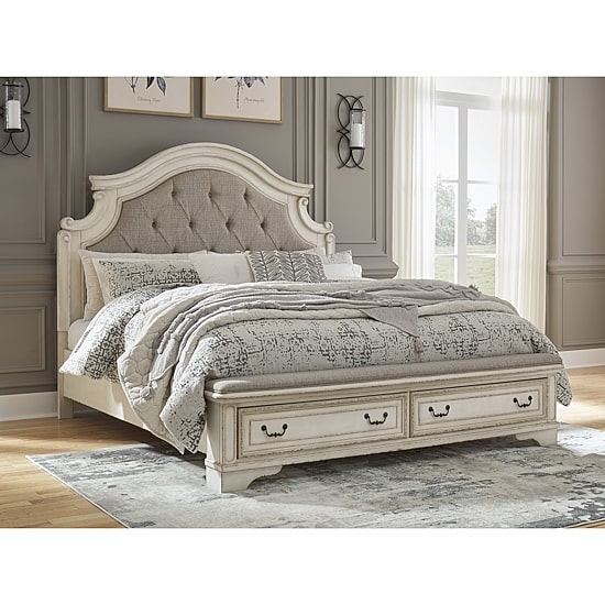 Signature Design by Ashley Realyn Upholstered Panel Bed with 2 Storage Drawers in Chipped White