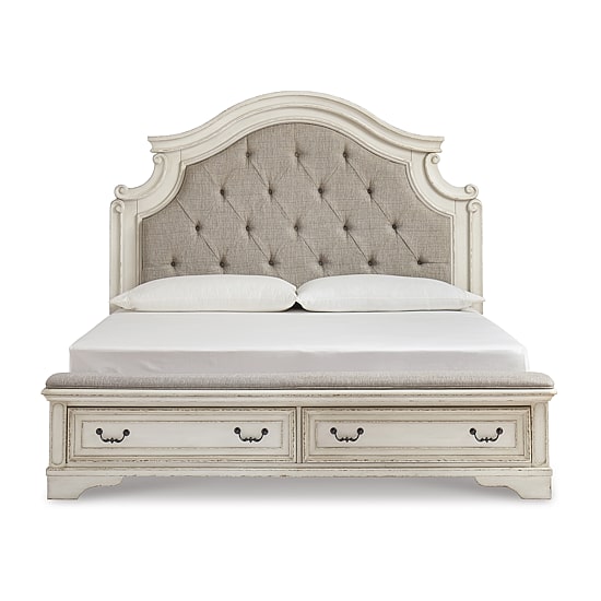 Signature Design by Ashley Realyn Upholstered Panel Bed with 2 Storage Drawers in Chipped White