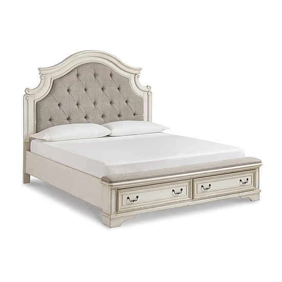 Signature Design by Ashley Realyn Upholstered Panel Bed with 2 Storage Drawers in Chipped White
