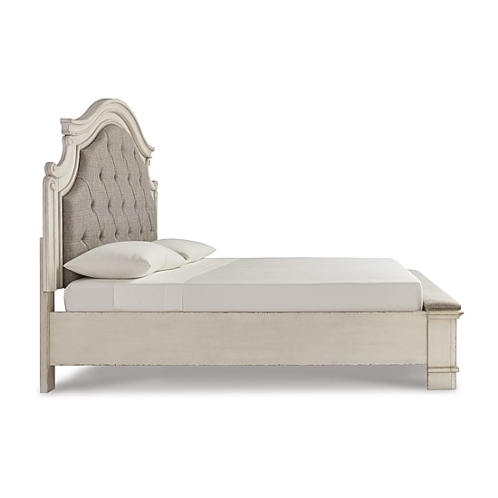 Signature Design by Ashley Realyn Upholstered Panel Bed with 2 Storage Drawers in Chipped White