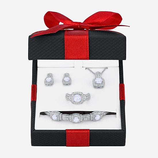Lab-Created Opal And Cubic Zirconia Pure Silver Over Brass 4Pc Set 