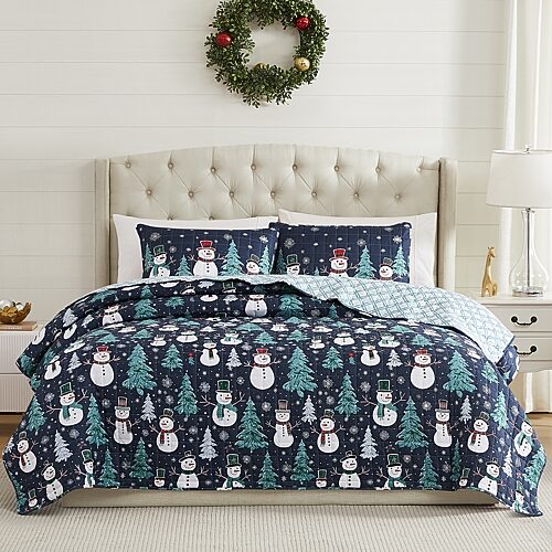 Avanti Snowman Reversible 3-Pc. Quilt Set, King - Blue