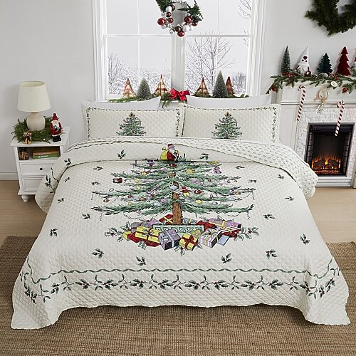 Spode Christmas Tree Reversible 3-Pc. Quilt Set, King - Ivory