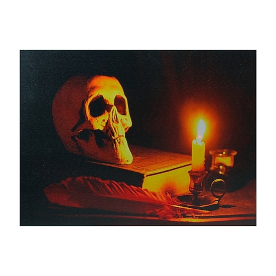 LED Lighted Skull by Flickering Candlelight Halloween Canvas Wall Art 12in x 15.75in