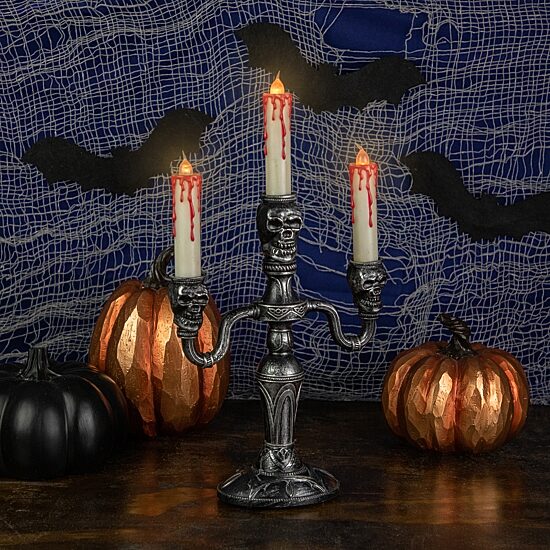 13.75'' Antique Silver Skull Trio Halloween Candelabra