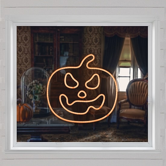 15'' Orange LED Lighted Neon Style Jack-O-Lantern Halloween Window Silhouette