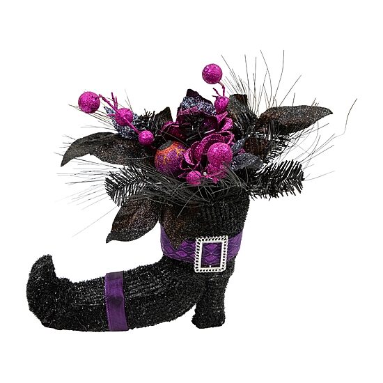 Northlight 12in Black Witch'S Boot With Purple Roses Halloween Tabletop Decor