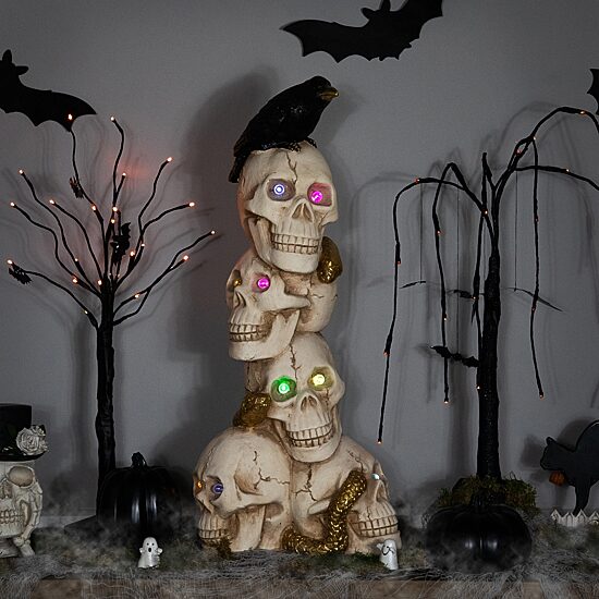 Northlight 27.5in Led Lighted Skull Tower With Raven Lighted Tabletop Decor