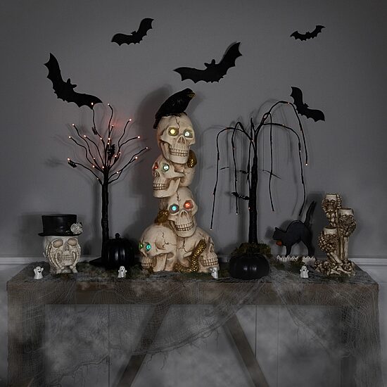 Northlight 27.5in Led Lighted Skull Tower With Raven Lighted Tabletop Decor