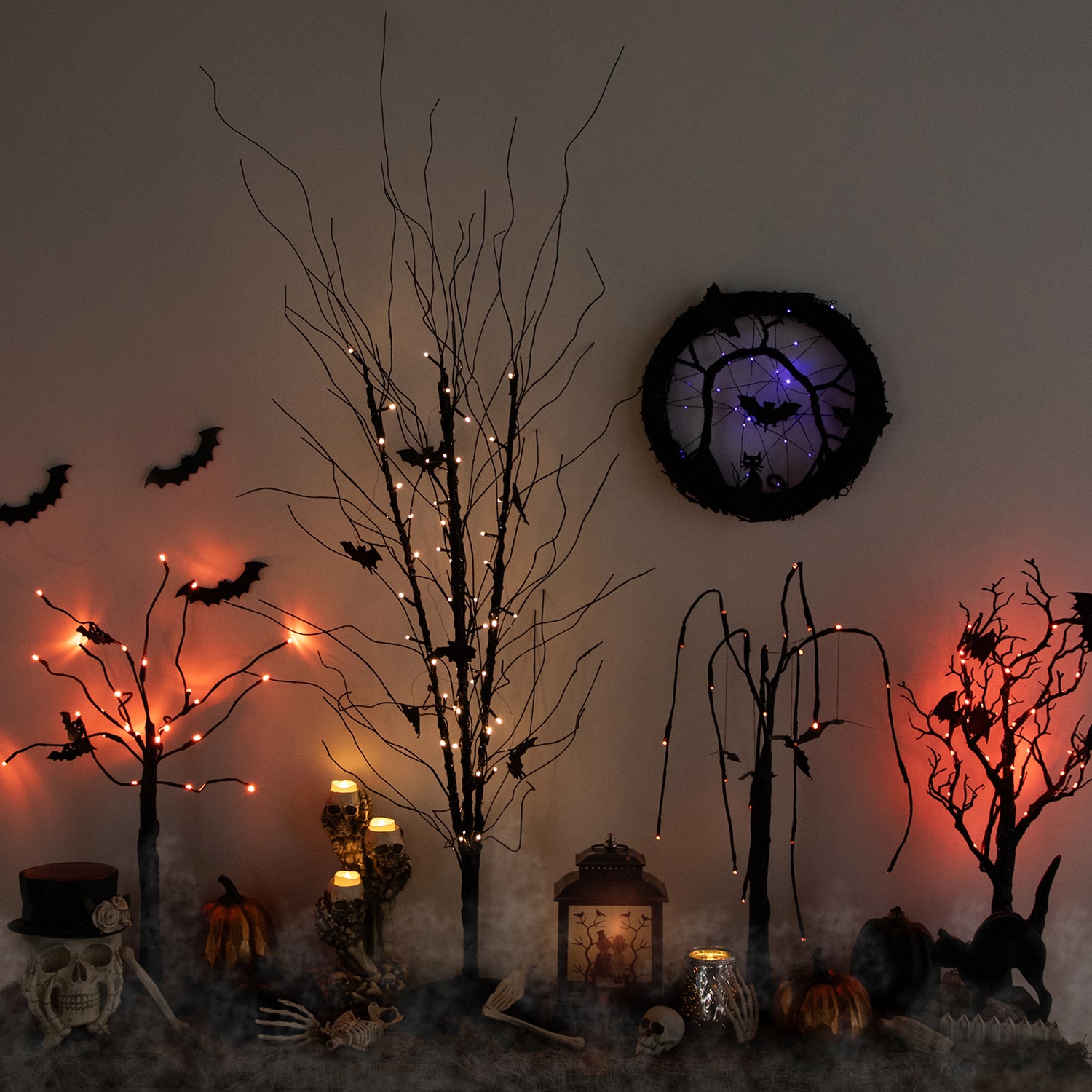Northlight 13in Led Black Twig With Bats Wreath