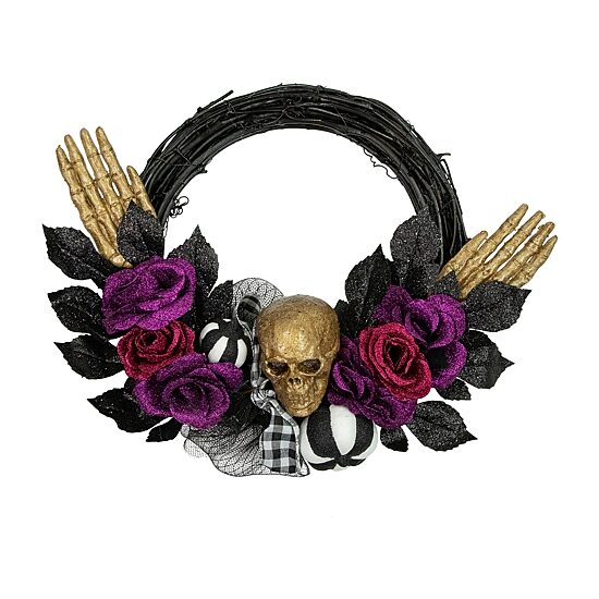 Northlight 22in Skull With Hands And Purple Roses Wreath