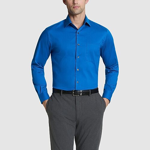 Van Heusen Everyday Defense Stain Shield Fitted Mens Modern Fit Stretch Fabric Wrinkle Free Long Sleeve Dress Shirt, 16-16.5 34-35, Blue
