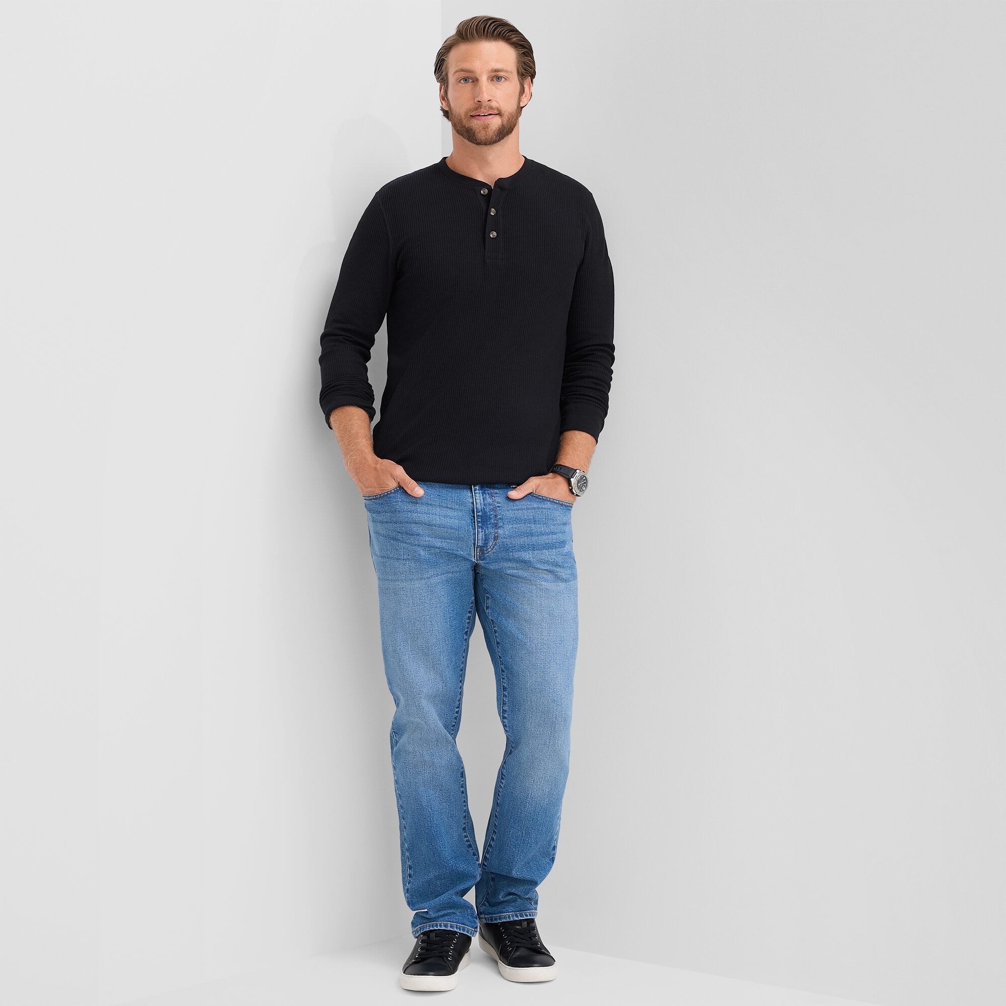St. John's Bay Waffle Mens Henley Neck Long Sleeve Classic Fit Thermal Top