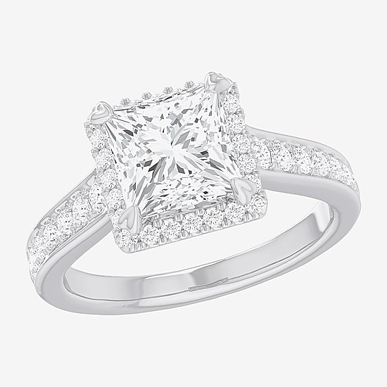 (G-H / Si1-Si2) Womens 2 1/2 CT. T.W. Lab Grown White Diamond 14K Gold Side Stone Halo Engagement Ring