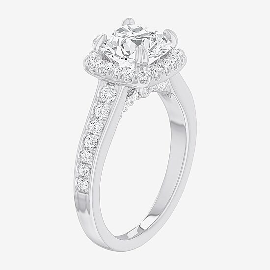 (G-H / Si1-Si2) Womens 2 1/2 CT. T.W. Lab Grown White Diamond 14K Gold Cushion Side Stone Halo Engagement Ring