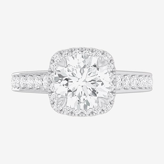 (G-H / Si1-Si2) Womens 2 1/2 CT. T.W. Lab Grown White Diamond 14K Gold Cushion Side Stone Halo Engagement Ring