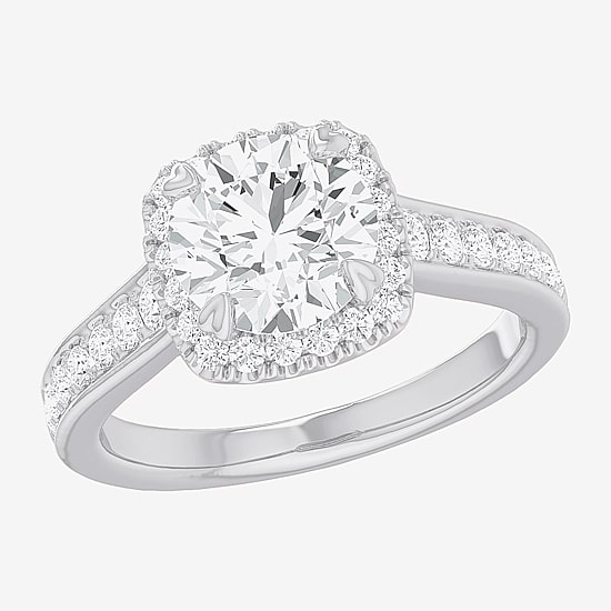 (G-H / Si1-Si2) Womens 2 1/2 CT. T.W. Lab Grown White Diamond 14K Gold Cushion Side Stone Halo Engagement Ring