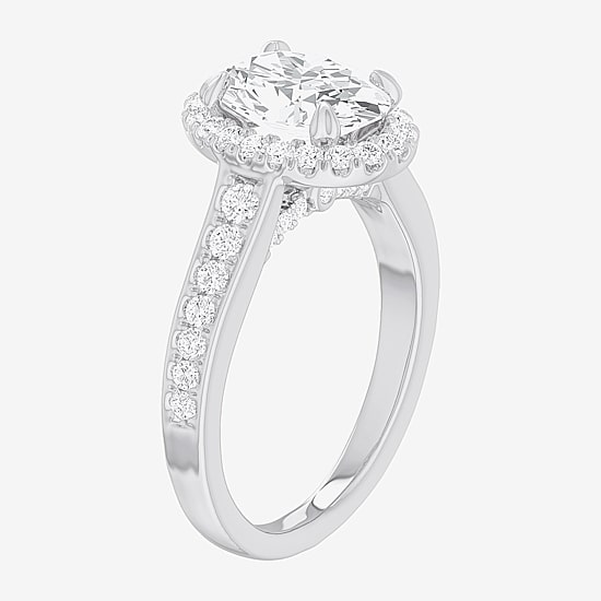 (G-H / Si1-Si2) Womens 2 1/2 CT. T.W. Lab Grown White Diamond 14K Gold Oval Side Stone Halo Engagement Ring