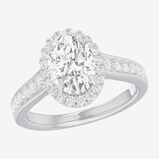 (G-H / Si1-Si2) Womens 2 1/2 CT. T.W. Lab Grown White Diamond 14K Gold Oval Side Stone Halo Engagement Ring