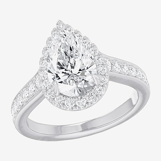 (G-H / Si1-Si2) Womens 2 1/2 CT. T.W. Lab Grown White Diamond 14K Gold Pear Side Stone Halo Engagement Ring