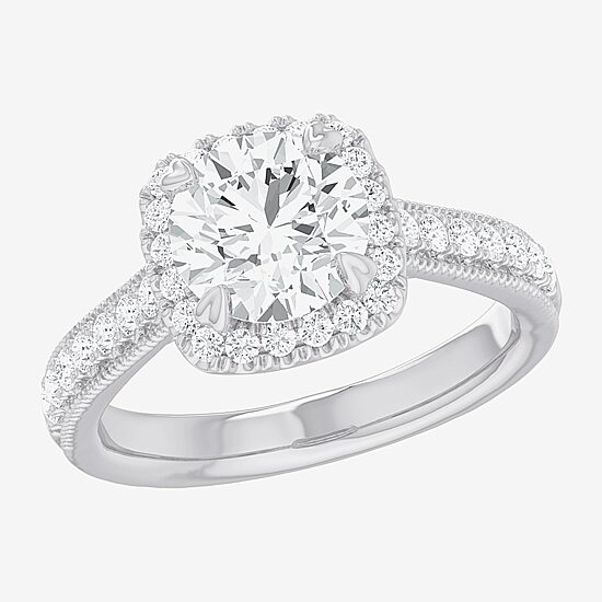 (G-H / Si1-Si2) Womens 2 1/2 CT. T.W. Lab Grown White Diamond 14K Gold Cushion Side Stone Halo Engagement Ring