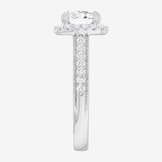 (G-H / Si1-Si2) Womens 2 1/2 CT. T.W. Lab Grown White Diamond 14K Gold Cushion Side Stone Halo Engagement Ring