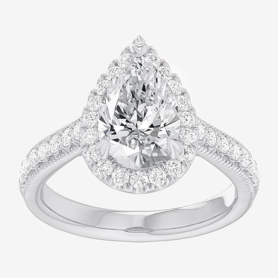 (G-H / Si1-Si2) Womens 2 1/2 CT. T.W. Lab Grown White Diamond 14K Gold Pear Side Stone Halo Engagement Ring