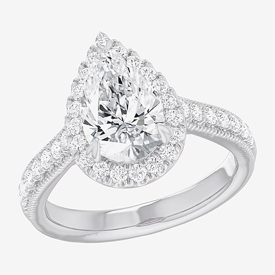 (G-H / Si1-Si2) Womens 2 1/2 CT. T.W. Lab Grown White Diamond 14K Gold Pear Side Stone Halo Engagement Ring
