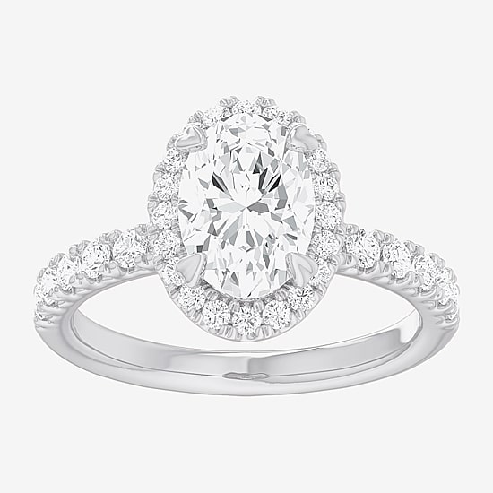 (G-H / Si1-Si2) Womens 2 1/2 CT. T.W. Lab Grown White Diamond 14K Gold Oval Side Stone Halo Engagement Ring