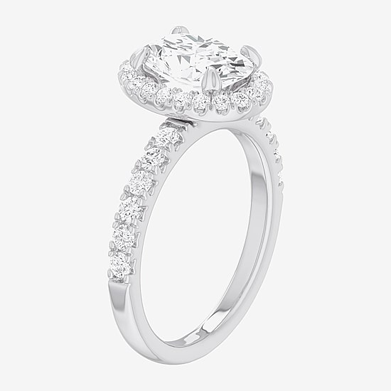 (G-H / Si1-Si2) Womens 2 1/2 CT. T.W. Lab Grown White Diamond 14K Gold Oval Side Stone Halo Engagement Ring