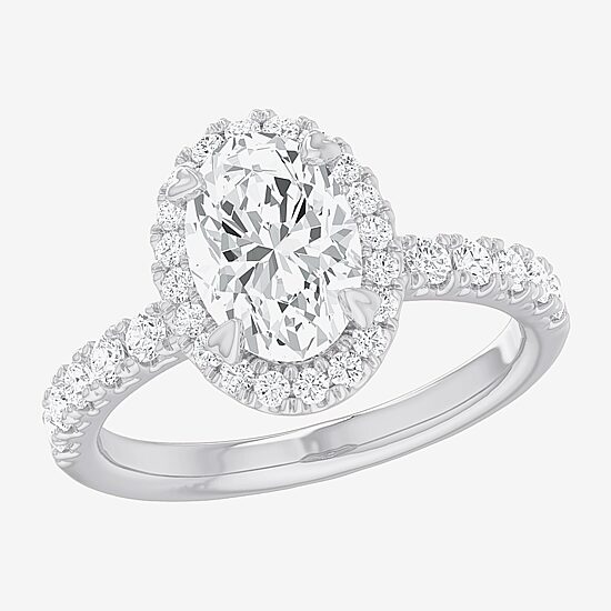 (G-H / Si1-Si2) Womens 2 1/2 CT. T.W. Lab Grown White Diamond 14K Gold Oval Side Stone Halo Engagement Ring