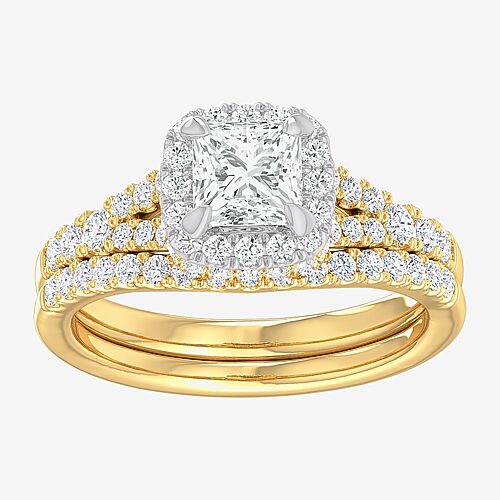 (G-H / Si1-Si2) Womens 1 3/8 CT. T.W. Lab Grown White Diamond 14K Gold Cushion Side Stone Halo Bridal Set, 9, Yellow
