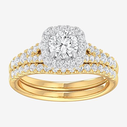 (G-H / Si1-Si2) Womens 1 3/8 CT. T.W. Lab Grown White Diamond 14K Gold Cushion Side Stone Halo Bridal Set, 9, Yellow