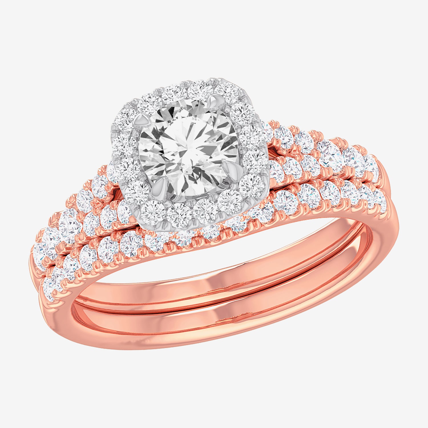 (G-H / Si1-Si2) Womens 1 3/8 CT. T.W. Lab Grown White Diamond 14K Gold Cushion Side Stone Halo Bridal Set