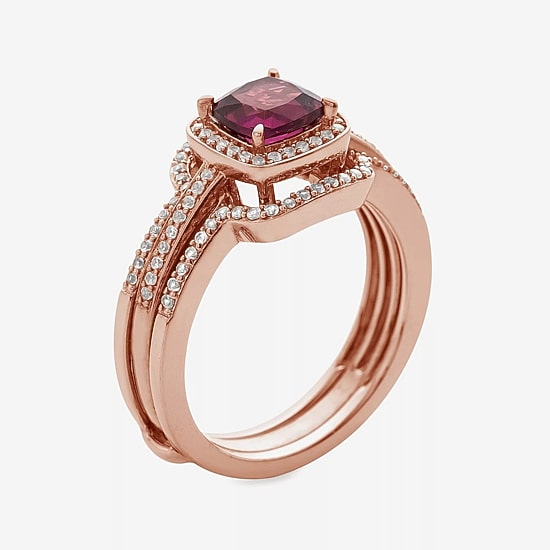 14K Rose Gold Over Sterling Silver Rhodolite and Diamond Ring