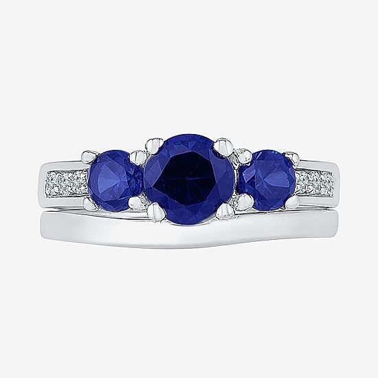 Modern Bride Gemstone Womens Blue & White Lab Created Sapphire Sterling Silver Bridal Set