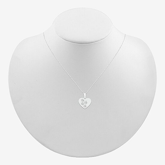 Womens 10K White Gold Cut-out Paw Print Heart Pendant Necklace