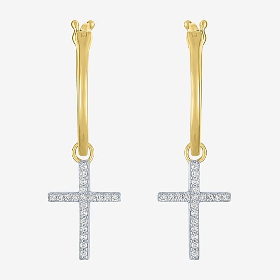 Diamond Addiction (G-H / Si2-I1) 1/10 CT. T.W. Lab Grown White Diamond Sterling Silver or 14K Gold Over Silver 34mm Cross Hoop Earrings