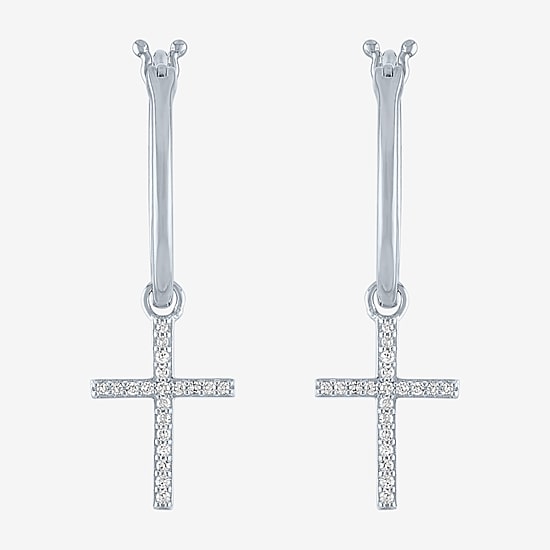 Diamond Addiction (G-H / Si2-I1) 1/10 CT. T.W. Lab Grown White Diamond Sterling Silver or 14K Gold Over Silver 34mm Cross Hoop Earrings