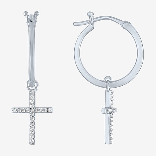 Diamond Addiction (G-H / Si2-I1) 1/10 CT. T.W. Lab Grown White Diamond Sterling Silver or 14K Gold Over Silver 34mm Cross Hoop Earrings