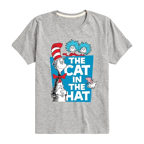 Cat In The Hat Little & Big Kid Boys Crew Neck Short Sleeve Regular Fit Dr. Seuss Graphic T-Shirt, Large, Gray
