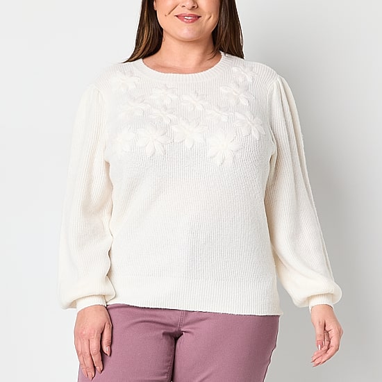Liz Claiborne Plus Womens Crew Neck Long Sleeve Pullover Sweater