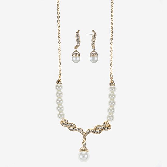 Monet® Simulated Pearl and Crystal Gold-Tone Drop Earring and Necklace Set