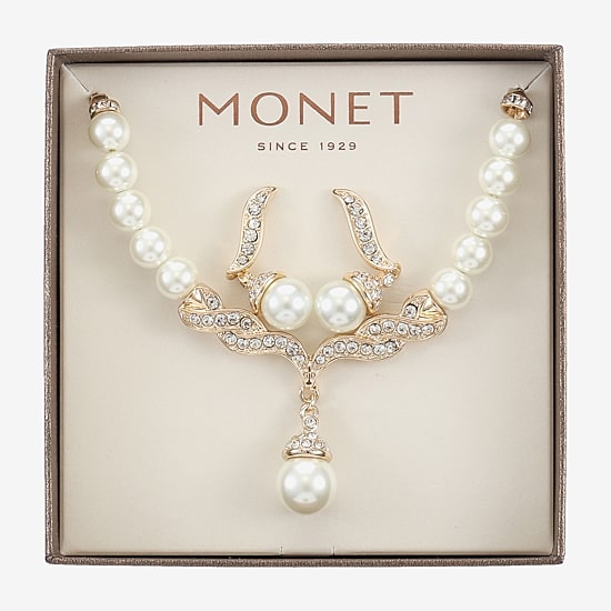 Monet® Simulated Pearl and Crystal Gold-Tone Drop Earring and Necklace Set