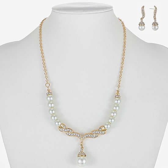 Monet® Simulated Pearl and Crystal Gold-Tone Drop Earring and Necklace Set