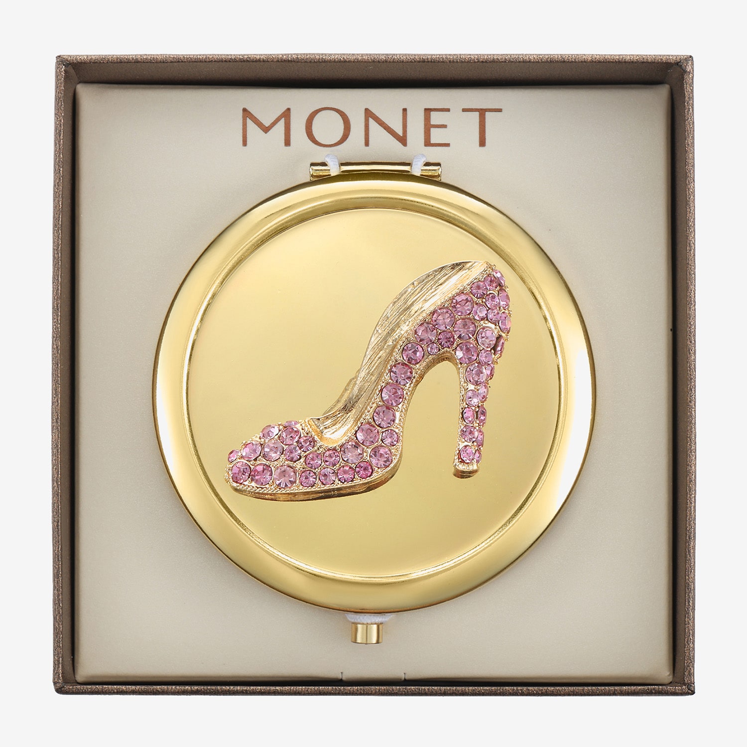 Monet Jewelry Gold Tone Pink Heel Gold Tone Compact Mirror