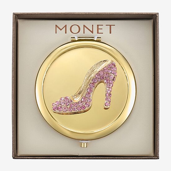 Monet Jewelry Gold Tone Pink Heel Gold Tone Compact Mirror